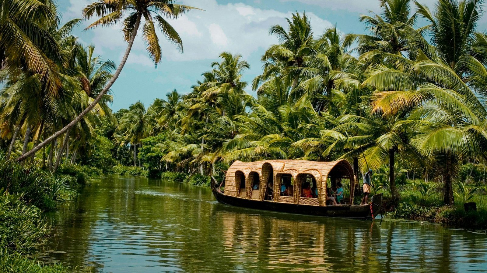 Kerala backwaters lined with coconut palms