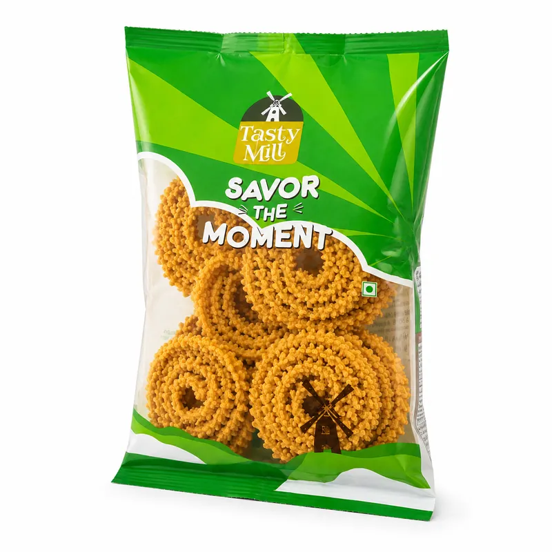 A sealed Tasty Mill Murukku pack