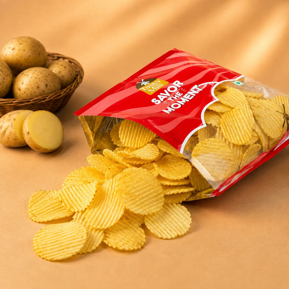 Tasty Mill Potato Chips spilling from the pack